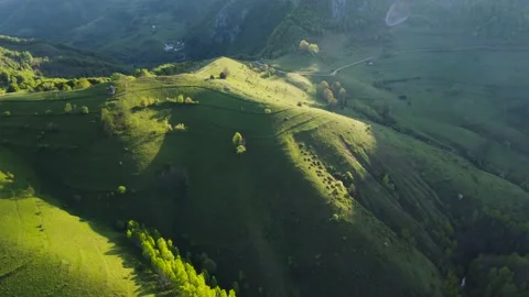Mountain views with green hills, during spring. Aerial view of Dumesti village f Stock Footage 155007315