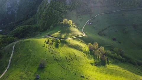 Mountain views with green hills, during spring. Aerial view of Dumesti village f Stock Footage 155007350