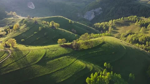 Mountain views with green hills, during spring. Aerial view of Dumesti village f Stock Footage 155007360