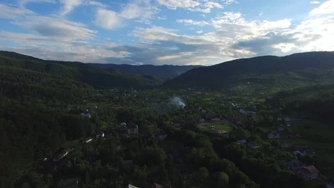 Mountain Village Camera Flying Forward Stock Footage 74795297