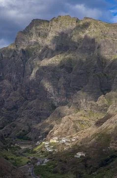 Mountain village in rock vegetation on island San Antao Cabo Verde Africa Stock Photos