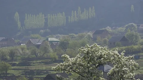 Mountain village in the spring at dawn Stock Footage 75500843
