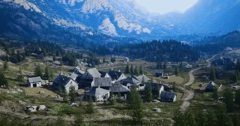 Mountain village surrounded by lush greenery and dramatic peaks at dawn Stock Illustration