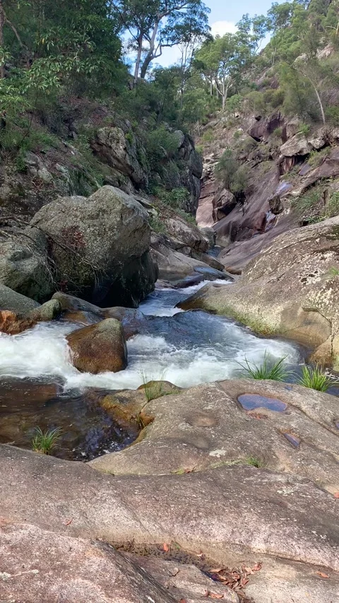 Mountain water rapids continuously flowing down through a rock gorge in spring Stock Footage 275230244