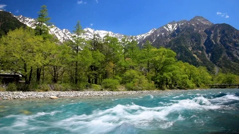 Mountain water stream and green leaves in Azusariver, Kamikochi, Nagano, Japan, Video stock 100793045