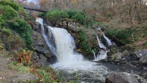 Mountain waterfall autumn panorama Stock Footage