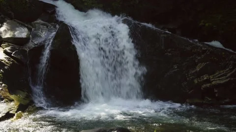 Mountain waterfall between rocks and trees Video stock 143864191