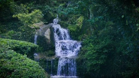 Mountain Waterfall Cascading Over Mossy Rocks Within A Lush Green Forest Video stock 341999679