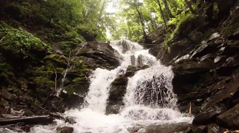 Mountain waterfall with clear water surrounded by trees Stock Footage 43940098