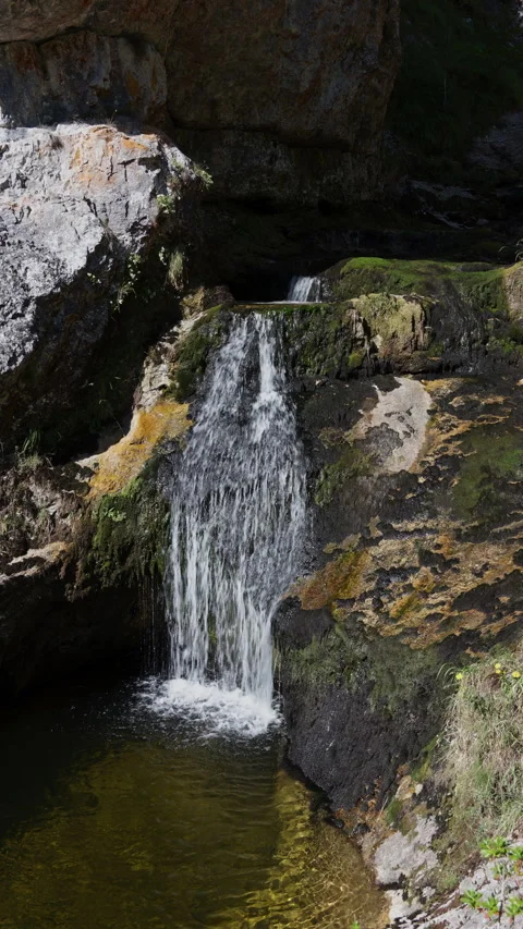 Mountain waterfall flowing into a clear pool in Wasserlochklamm gorge, Palf.. Stock Footage 341099315