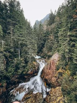 Mountain Waterfall Flowing Through Forest Stock Photos