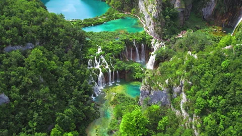Mountain waterfall flows into a lake with many streams of water. Green summer Stock Footage 264625014