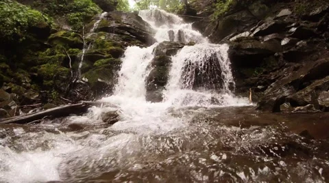 Mountain waterfall in the forest rushing forward, bottom view Stock Footage 43939428