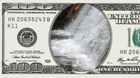 Mountain waterfall in frame of 100 dollar bill Stock Footage 96724438