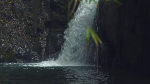 Mountain waterfall in jungle forest. Stream water from waterfall flowing on Video stock 93397153