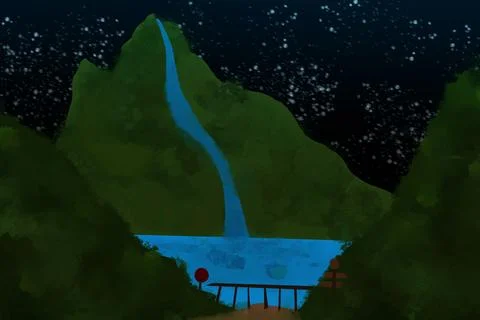 Mountain Waterfall Lake Under Starry Night Illustration Stock Illustration