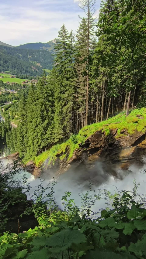 Mountain Waterfall Into Misty Pool: Valley Views, Forested Landscape Stock-Footage 313504889