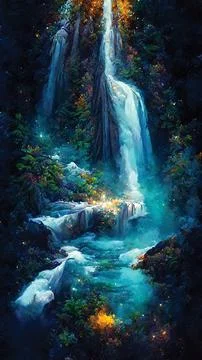 Mountain waterfall at night, dark blue digital art, vertical design Stock Illustration