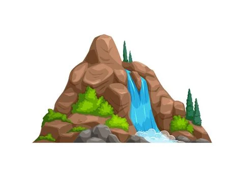 Mountain waterfall, prehistoric forest game asset Stock Illustration