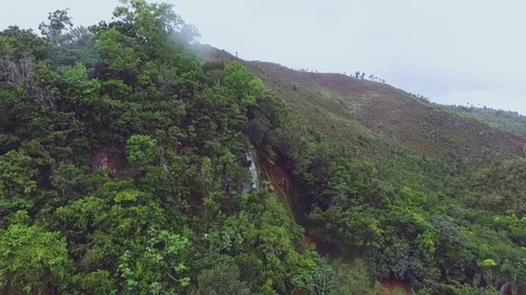 Mountain waterfall in the rainforest, aerial view Stock Footage 72142684