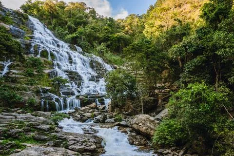 Mountain waterfall river stream view. Mountain forest waterfall landscape M.. 写真素材