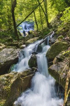 Mountain waterfall in spring forest Stock Photos