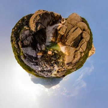 Mountain waterfall stream in sunset light in the valley. Tiny little planet 360 Stock Photos