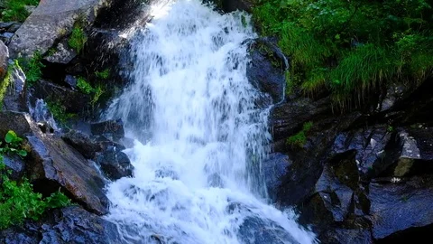 Mountain waterfall at summer green forest. Summer nature video Stock Footage 99726311