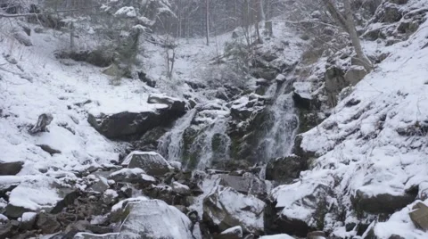 Mountain waterfall in winter panorama Video stock 52753427
