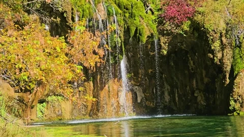 Mountain waterfalls spill into an emerald pool at Great Smoky Mountains Stock Footage 345810911