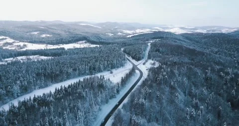 The mountain winter forest with road covered with snow Stock Footage 246866888