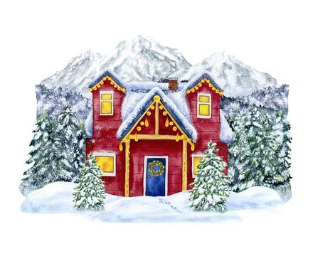 Mountain winter landscape with forest, trees and decorated house. Hand drawn Stock Illustration