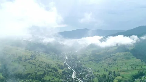 Mountain wood with white clouds, top view Stock Footage 321132954