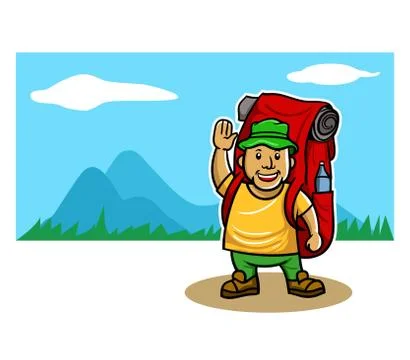 Mountaineer In Front Of Mountain Panoramic View Stock Illustration