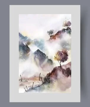 Mountainous area with sparse trees and fog caused by sharp cooling in region and Stock Illustration