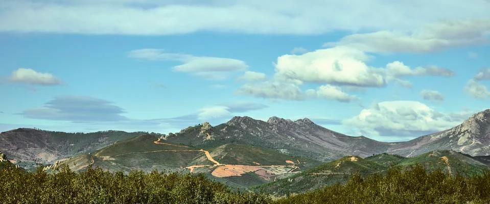 Mountainous complex that forms the Sierra de Guadalupe, southwest of Spain Stock Photos