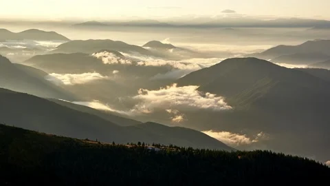 Mountainous hilly landscape,low clouds, inversion clouds in valley landscape Video stock 251855264