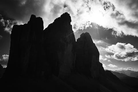 Mountainous landscape with clouds in Three Peaks Nature Park in Italian dolomite Stock Photos