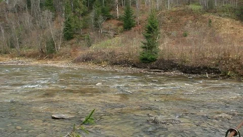 Mountainous rapid river. Shallow mountain river with stone rapids Stock Footage 84772833