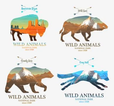Mountains and boar, bear, fox, buffalo silhouette wild animal. Multiple or 스톡 일러스트