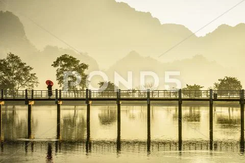 Mountains And Bridge Reflected In Still Lake, Hpa An, Kayin, Myanmar