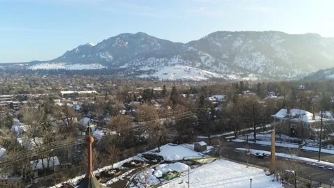 Mountains and building - Drone camera moves down and back Stock Footage 137889894