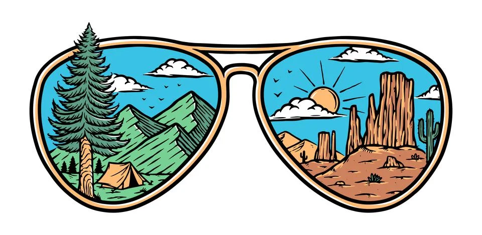 Mountains and deserts in eyeglasses illustration Stock Illustration
