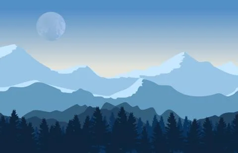 Mountains and forest landscape pine trees with blue sky and moon Stock Illustration