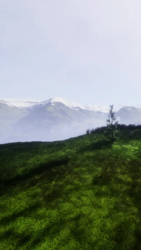 Mountains and green fields under clear sky with tree on hillside Stock Footage 331673847