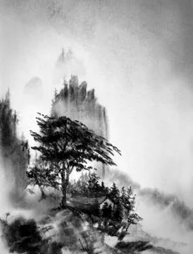 Mountains and pine house Stock Illustration