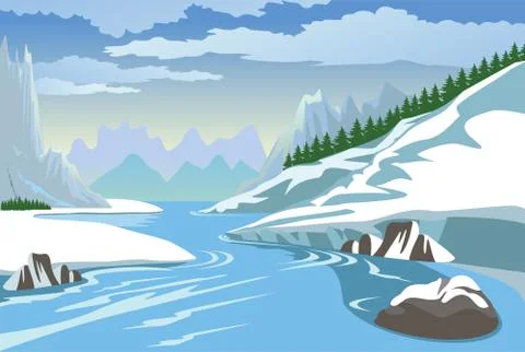 Mountains and river in winter Stock Illustration