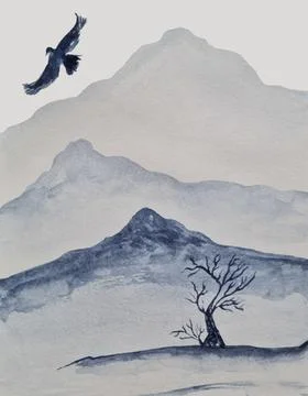 Mountains and a soaring,fluttering, flying eagle Stock Illustration