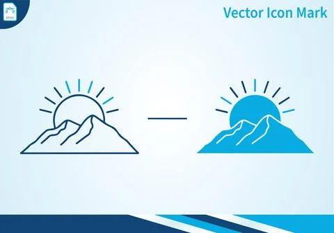 Mountains and sun vector icon mark set, outline and filled styles concept. Stock Illustration