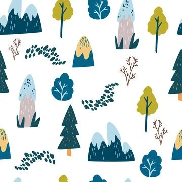 Mountains and trees seamless pattern. Landscape background. Hand draw Hills,  Stock Illustration